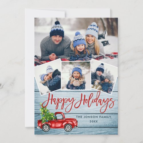 Retro Christmas Red Truck Rustic 4 PHOTO Greeting Holiday Card