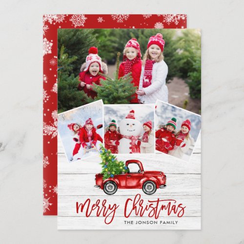 Retro Christmas Red Truck Rustic 4 PHOTO Greeting Holiday Card