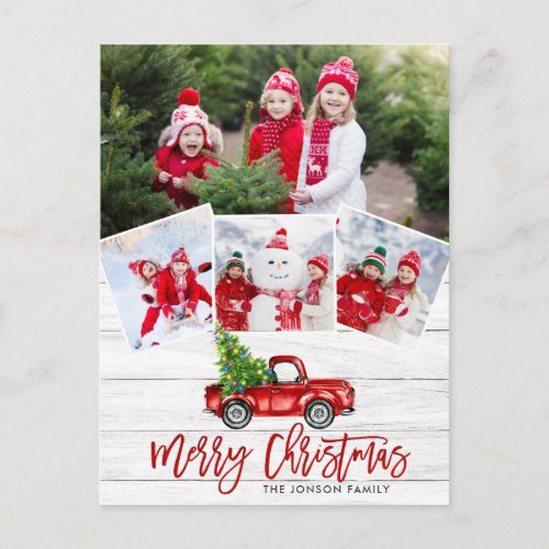 Retro Christmas Red Truck Rustic 4 PHOTO Greeting Postcard