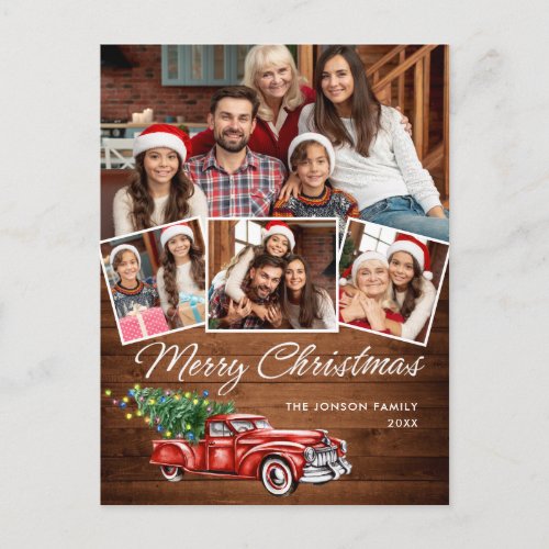 Retro Christmas Red Truck Rustic 4 PHOTO Greeting Postcard