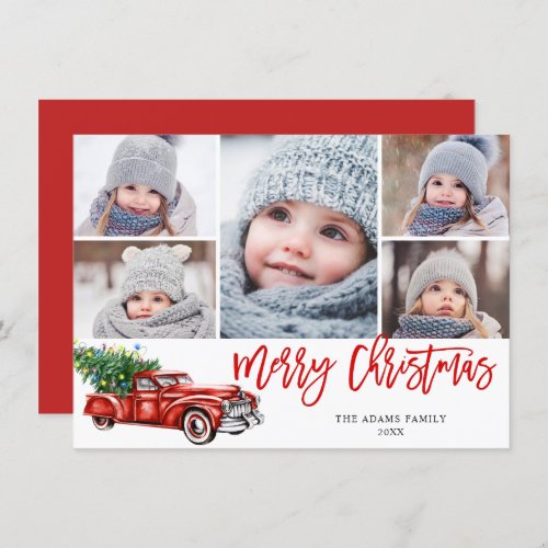 Retro Christmas Red Truck Rustic 5 PHOTO Greeting Holiday Card