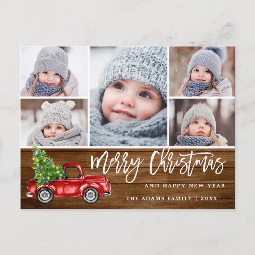 Retro Christmas Red Truck Rustic 5 PHOTO Greeting Postcard