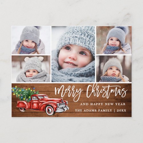Retro Christmas Red Truck Rustic 5 PHOTO Greeting Postcard