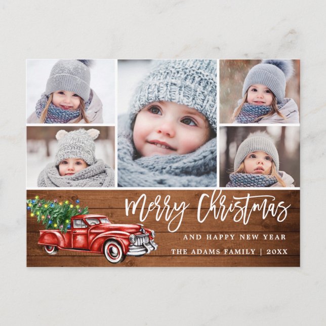 Retro Christmas Red Truck Rustic 5 PHOTO Greeting Postcard (Front)