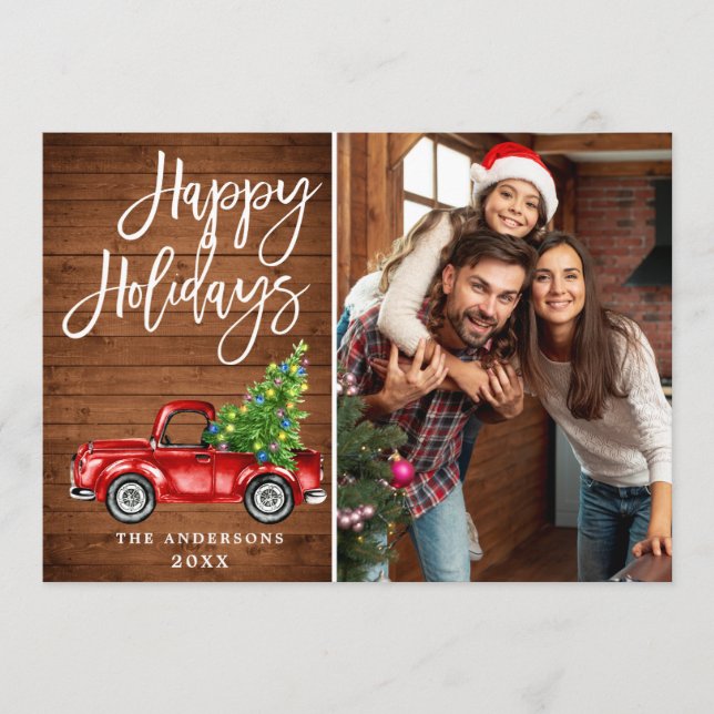Retro Christmas Red Truck Rustic PHOTO Greeting Holiday Card (Front)