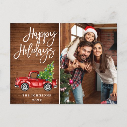 Retro Christmas Red Truck Rustic PHOTO Greeting Postcard