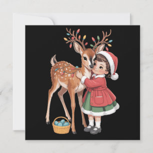Retro Christmas Reindeer And Girlc Xmas Holiday Card