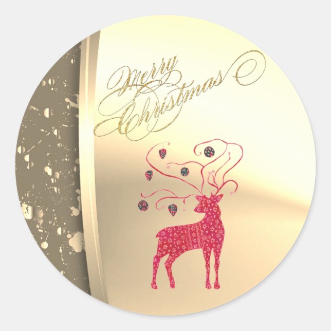 Retro Christmas Reindeer Faux Gold Classic Round Sticker (Front)