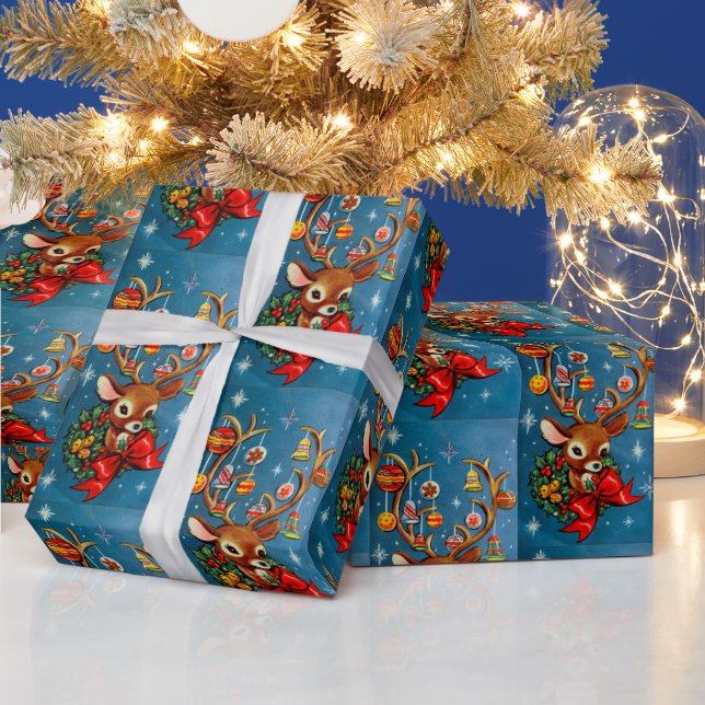 Retro Christmas Reindeer Holiday party wrap Wrapping Paper (Holidays)