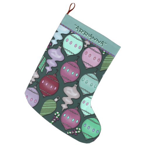 Retro Christmas Reload _ Cool Pastels on Pine Large Christmas Stocking