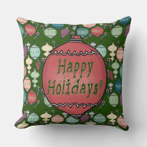 Retro Christmas Reload _ Pastels on Bottle Green Throw Pillow