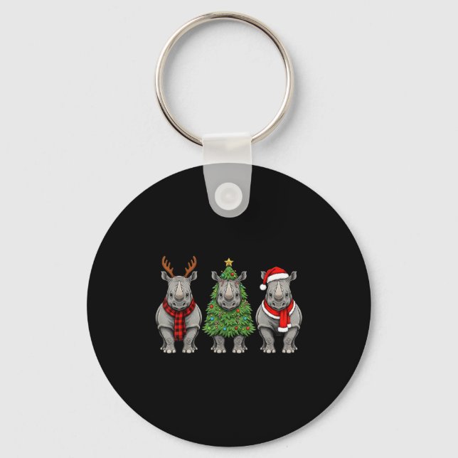 Retro Christmas Rhino Santa Reindeer Safari Animal Keychain (Front)
