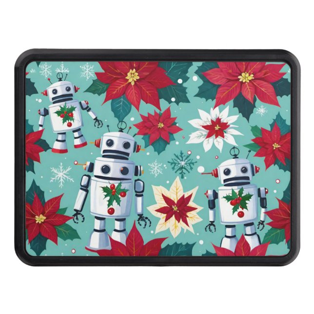 Retro Christmas Robots and Poinsettias Hitch Cover (Front)