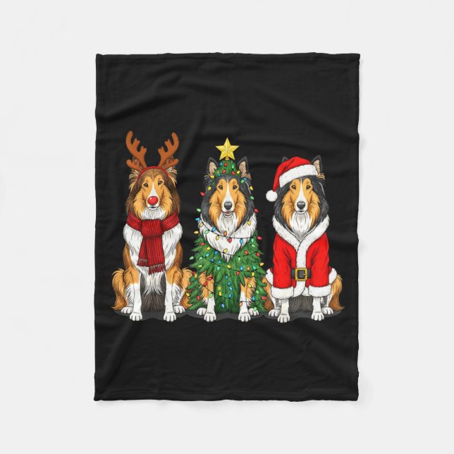 Retro Christmas Rough Collie Santa Reindeer Dog Lo Fleece Blanket (Front)