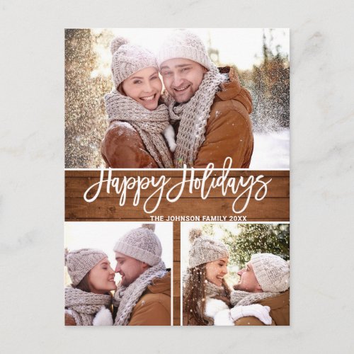 Retro Christmas Rustic  3 PHOTO Greeting Holiday Postcard