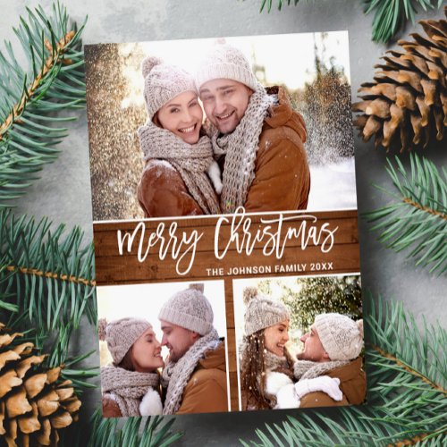 Retro Christmas Rustic  3 PHOTO Greeting Holiday Postcard
