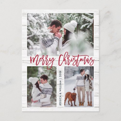 Retro Christmas Rustic  3 PHOTO Greeting Holiday Postcard