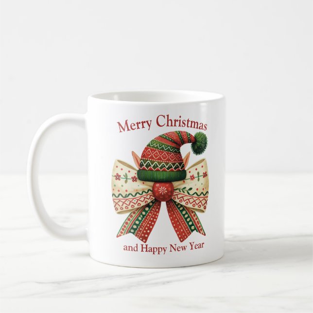 Retro Christmas rustic bow with elves hat Coffee Mug (Left)