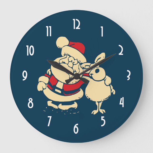 Retro Christmas Santa and his Reindeer Buddy Large Clock (Front)