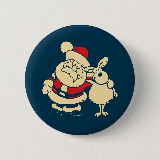 Retro Christmas Santa and his Reindeer Buddy Pinback Button (Front)