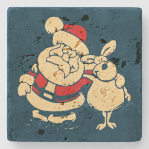 Retro Christmas Santa and his Reindeer Buddy Stone Coaster