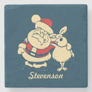 Retro Christmas Santa and his Reindeer Buddy Stone Coaster