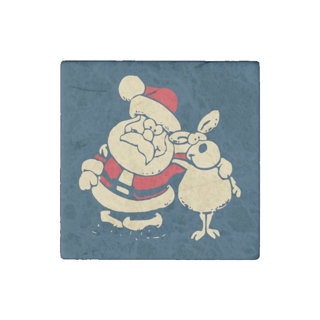 Retro Christmas Santa and his Reindeer Buddy Stone Magnet (Front)
