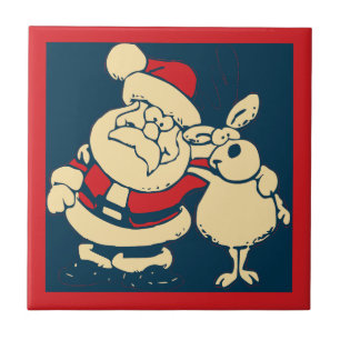 Retro Christmas Santa and his Reindeer Buddy Tile