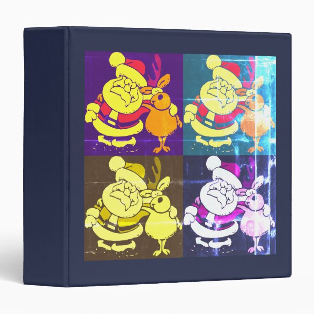Retro Christmas Santa and Reindeer Pop Art 3 Ring Binder (Front/Spine)