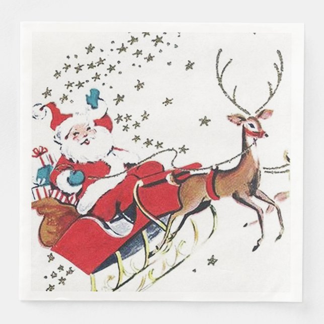 Retro Christmas Santa and sleigh party  Paper Dinner Napkins (Front)