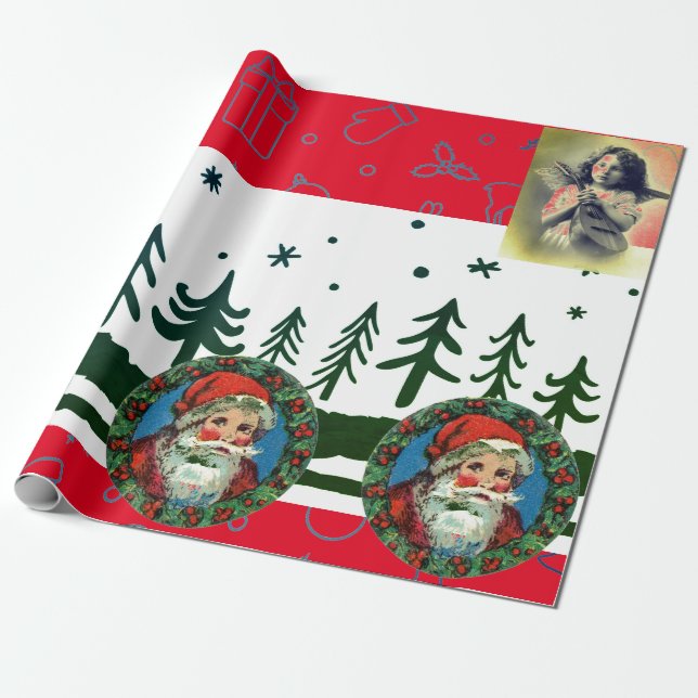 RETRO CHRISTMAS SANTA & ANGEL Wrapping Paper (Unrolled)