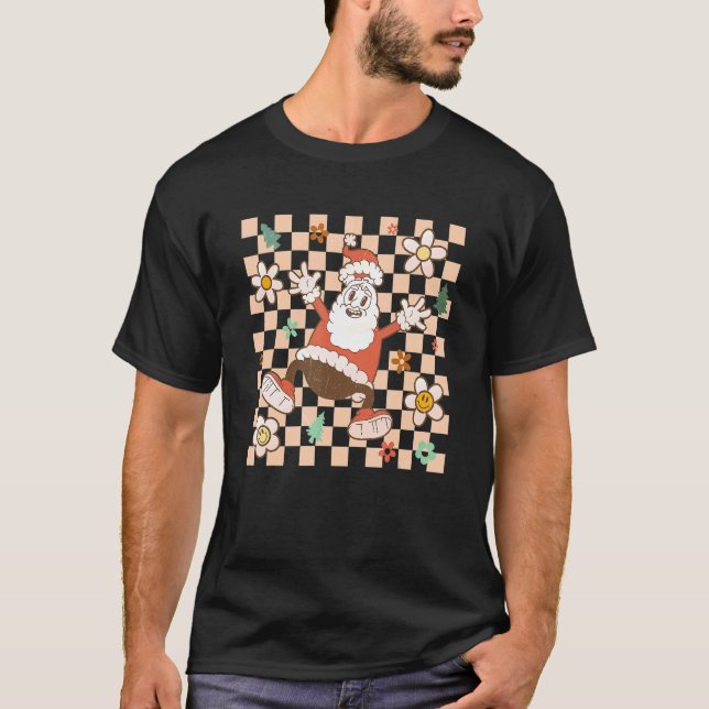 Retro Christmas  Santa Claus Checkered Groovy Flow T-Shirt (Front)