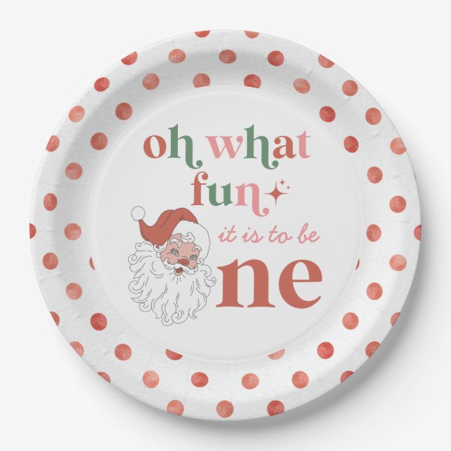 Retro Christmas Santa First Birthday Paper Plate (Front)