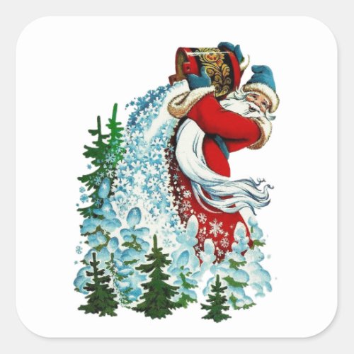 Retro Christmas Santa Making Snow With Bucket Square Sticker