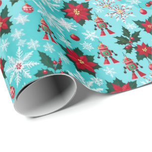 Retro Christmas Sci-Fi Robots Ornaments Blue  Wrapping Paper