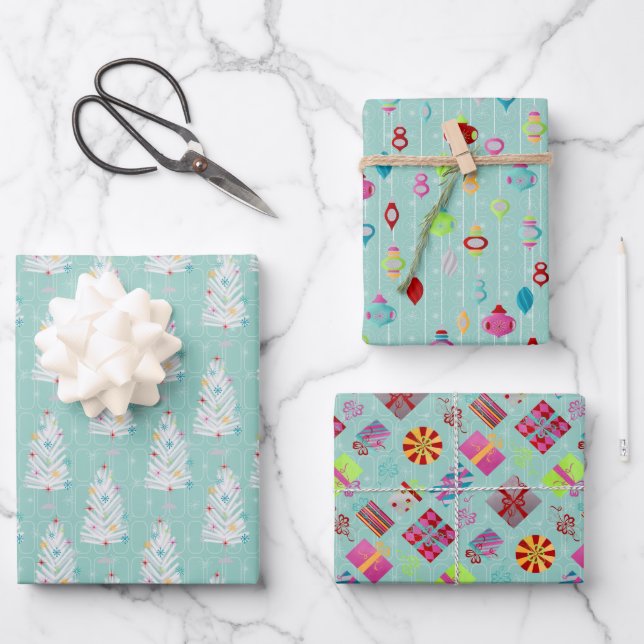 Retro Christmas Set 1 Teal Christmas Wrapping Paper Sheets (Front)