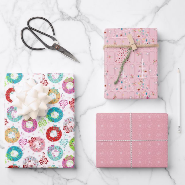Retro Christmas Set 2 Pink Christmas Wrapping Paper Sheets (Front)