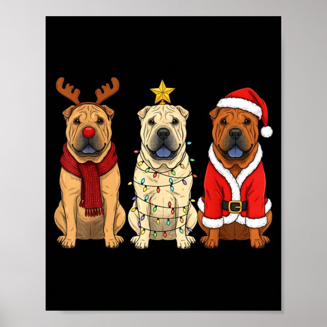 Retro Christmas Shar Pei Santa Reindeer Dog Lover  Poster (Front)