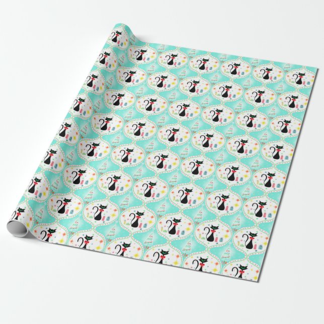 Retro Christmas Siamese Cat Ogee Pattern Wrapping Paper (Unrolled)