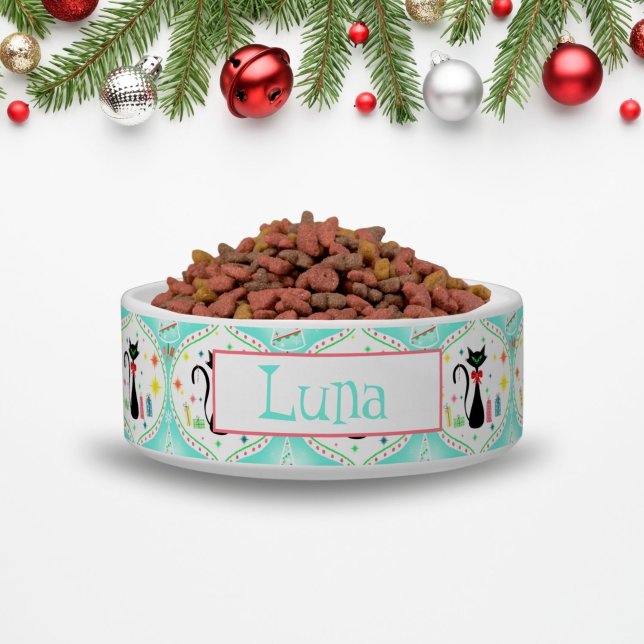Retro Christmas Siamese Cat Ogee Pet Name Bowl (Creator Uploaded)