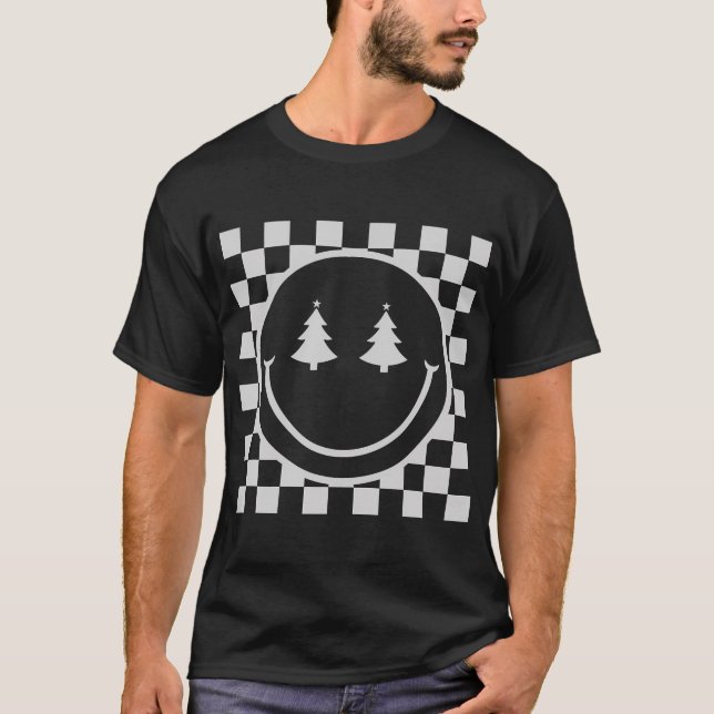Retro Christmas Smile Face Checkered Pattern T-Shirt (Front)