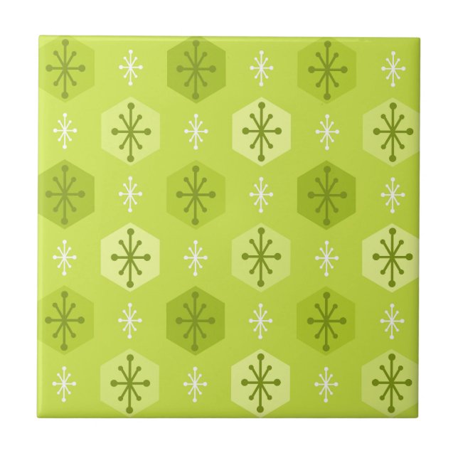 Retro Christmas Snowflakes Chartreuse Ceramic Tile (Front)