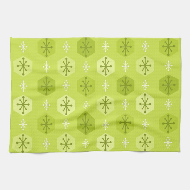 Retro Christmas Snowflakes Chartreuse Kitchen Towel (Horizontal)