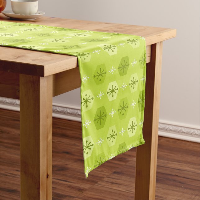 Retro Christmas Snowflakes Chartreuse Short Table Runner (In Situ)
