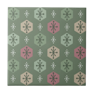 Retro Christmas Snowflakes Green Gold Ceramic Tile
