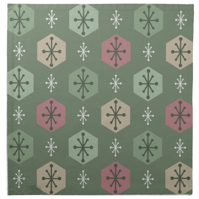 Retro Christmas Snowflakes Green Gold Cloth Napkin (Front)