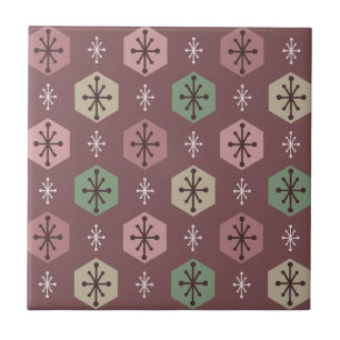 Retro Christmas Snowflakes Red Gold Ceramic Tile