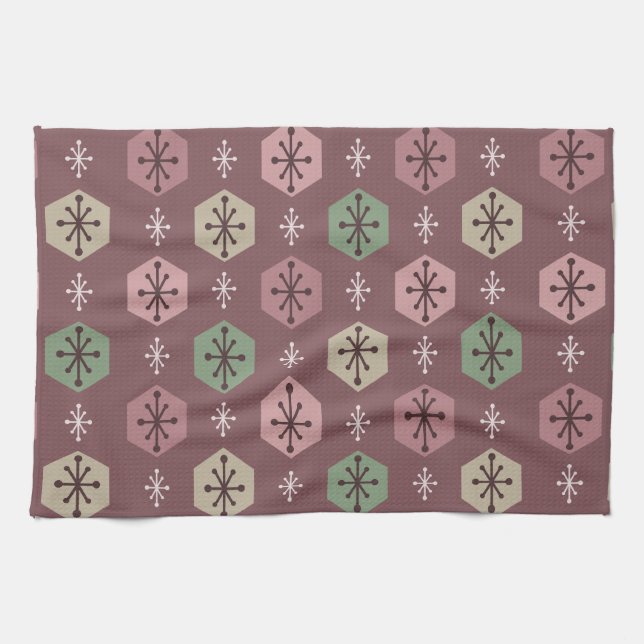 Retro Christmas Snowflakes Red Gold Kitchen Towel (Horizontal)