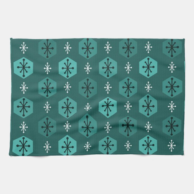 Retro Christmas Snowflakes Teal Kitchen Towel (Horizontal)