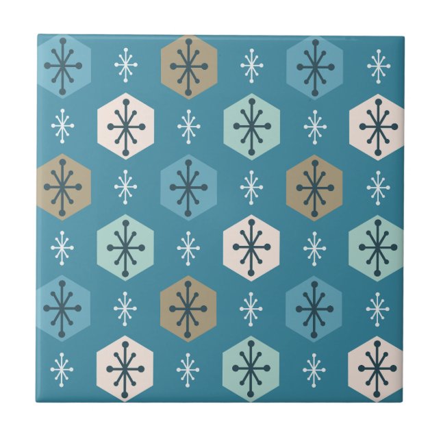 Retro Christmas Snowflakes Turquoise Gold Ceramic Tile (Front)